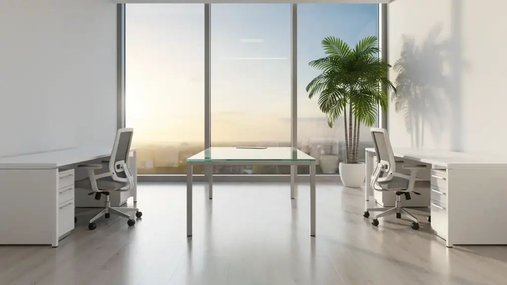 Bright office with tidy white desks, a glass table and a potted palm by tall windows