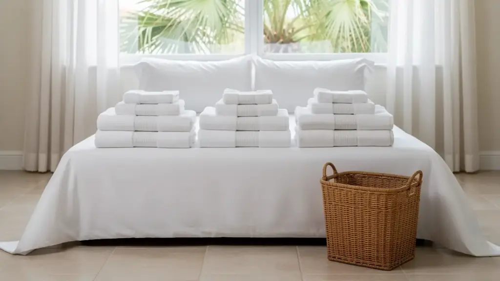 Folded white towels stacked on a made bed beside a wicker laundry basket